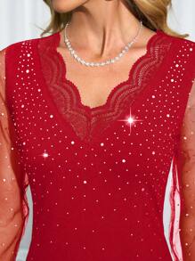 SHEIN Clasi Women's Mesh Patchwork Rhinestone Sparkly T-Shirt, Casual Vacation - Red - View 4