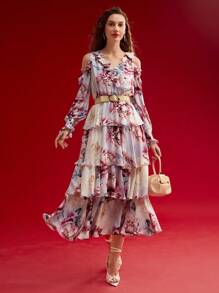 MOTF PREMIUM FLORAL PRINT RUFFLE LAYERED HEM DRESS,SPRING/SUMMER - Multicolor - View 4