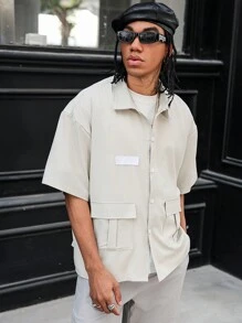 PAVTROS Manfinity Streetrush Men's Button Front Short Sleeve Pocket Simple Shirt, Boyfriend Gift - Khaki - View 7