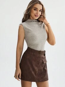 SHEIN LUNE 休闲高领罗纹针织修身无袖上衣