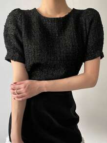 DAZY Women Textured Fabric Drawstring Short Sleeve Crew Neck Pullover Blouse, Spring/Summer Turtleneck Women - Black - View 3