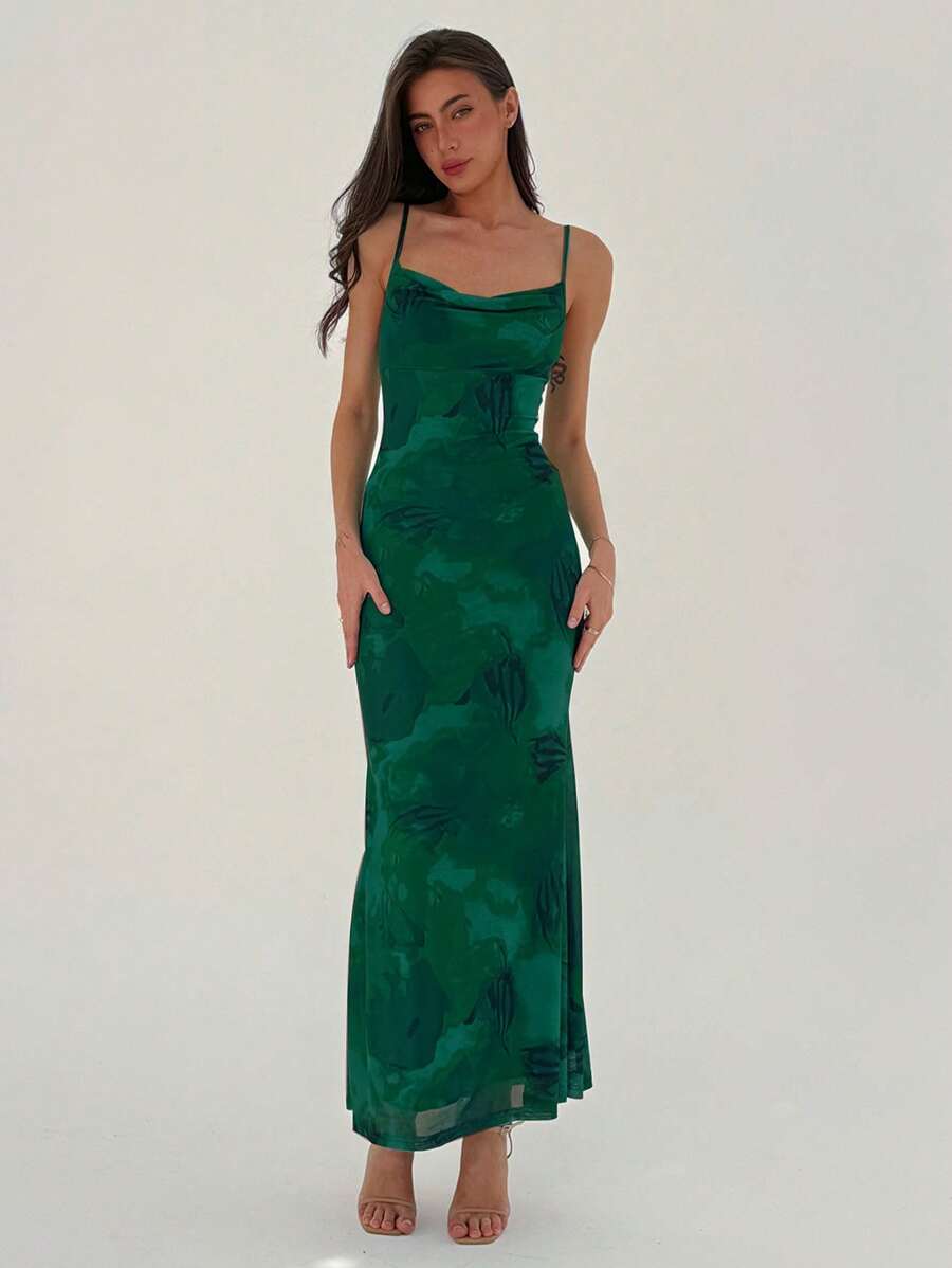 Aloruh Allover Printed Bodycon Draped Collar Fishtail Dress - Green - View 1