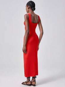 SHEIN Unity Women's Solid Color Square Neck Waist Cutout Side Slit Hem Sexy Dress - Red - View 2