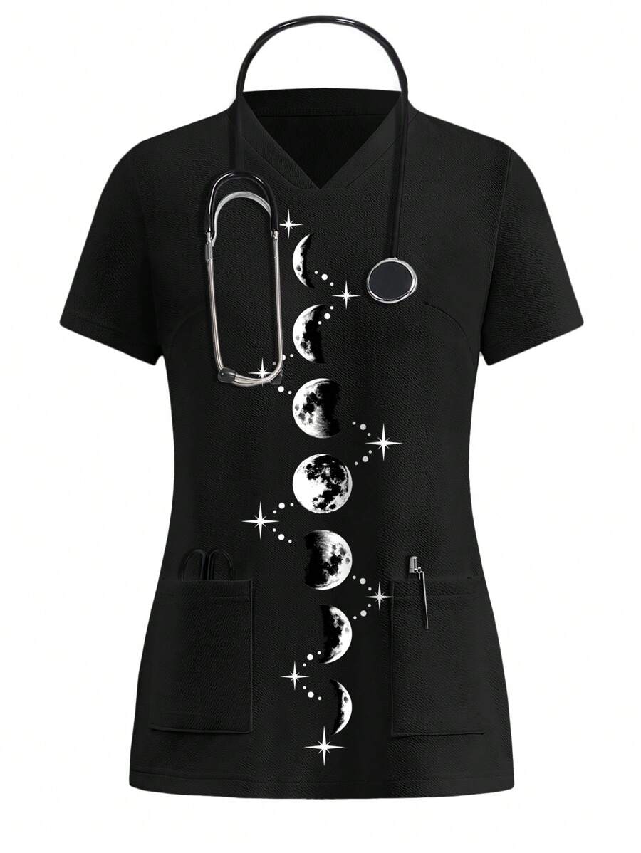 PopScrub Women's Moon Print V-Neck Short Sleeve Scrub Uniform Top - Multicolor - View 1