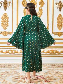 SHEIN Tween Girls Loose Casual Glittering Polka Dot Patchwork Ruffle Hem Color Blocked Dress - Green - View 2