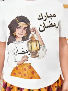 SHEIN Lässiges Zweiteiler Set für Kleine Mädchen - T-Shirt mit rundem Ausschnitt und Cartoon Mädchen Motiv, Kurzarm + Rock mit Rüschensaum und Rosen Blumen Muster, Frühling/Sommer - Gelb - Übersicht 7