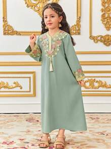 年轻女孩超大休闲长款流苏腰带连衣裙 - 綠色 - 查看 4