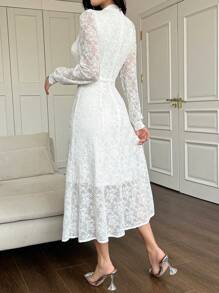 DAZY Women Elegant Solid Color Lace Ribbon Collar Puff Sleeve Mid-Length Dress Prom Dress