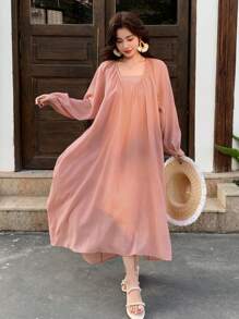 DAZY Women Casual Elegant Ruched Waist Midi Dress With Long Sleeves - Pink - View 1