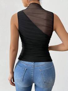 Chiquease Women's Sleeveless Mesh Patchwork Sheer Pleated Camisole