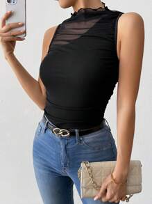 Chiquease Women's Sleeveless Mesh Patchwork Sheer Pleated Camisole