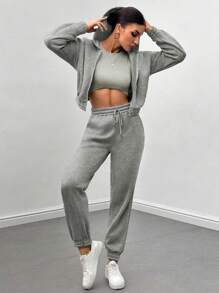 SHEIN LUNE Quý cô Màu thuần Quần skinny Áo ba lỗ Và Áo Zip Up Hoodie Và Tập thể dục Quần 3 cái/bộ - Xám - Xem 3