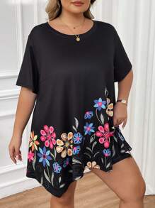 SHEIN CURVE+ Plus Size Zwart Gepositioneerd Grafisch T-shirt, Faux Borduurwerk, Zomer Resortkleding