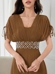 Modelyn Women's Brown Textured Midi Dress: Elegant Cocktail Or Party Dress With Pearl Beading,Summer Dresses For Women