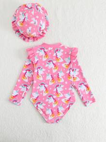 SHEIN 1pc Girls' Unicorn Print One-Piece Swimsuit - Multicolor - View 2