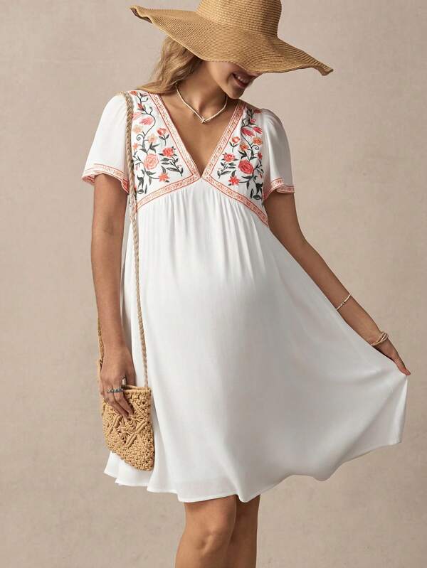 SHEIN Maternity V-Neck Short Sleeve Floral Print Casual Short Dress