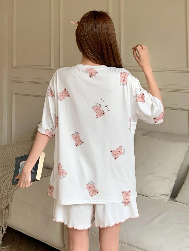 Women Cute Cartoon Pattern Allover Print Short Sleeve Shorts Pajamas Set