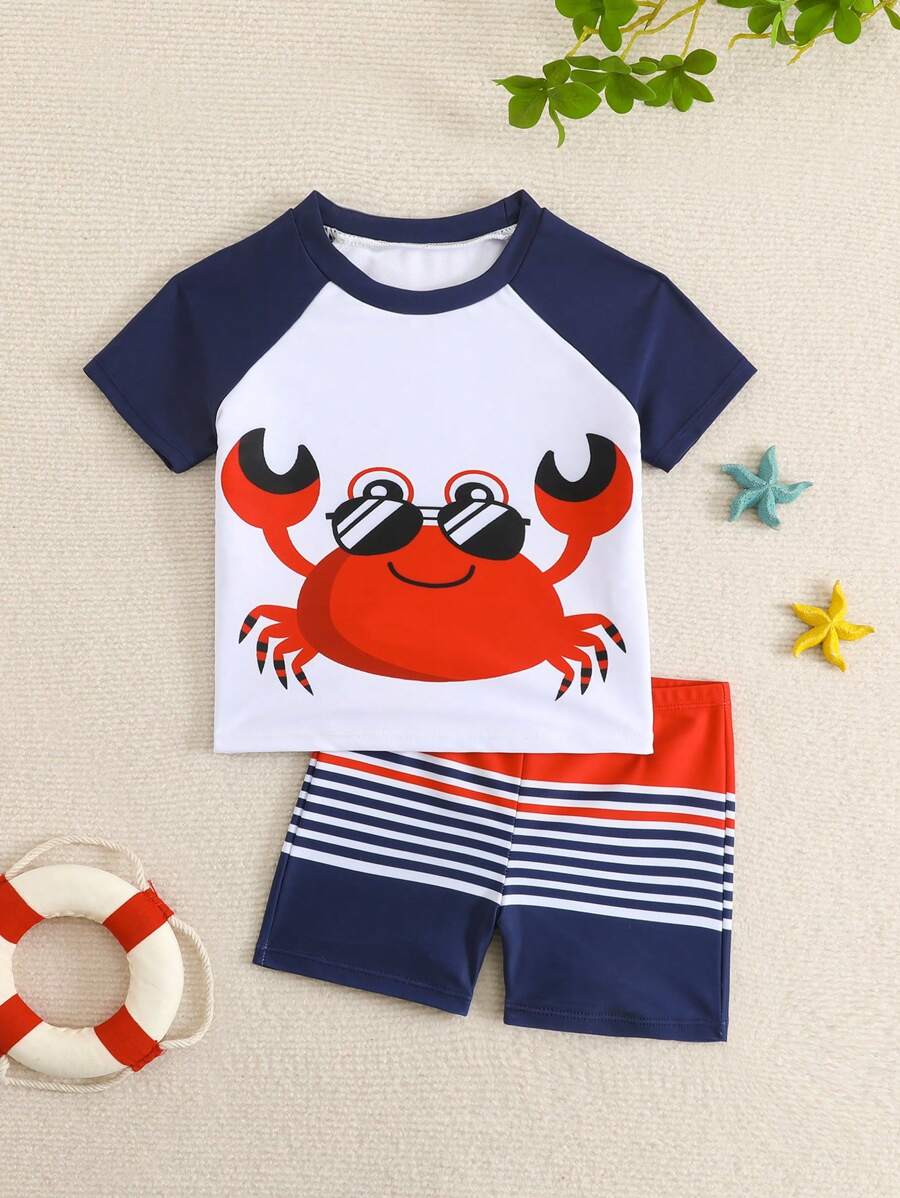 2pcs Young Boy Color Block Round Neck Short Sleeve Simple Swimwear Top And Bottom Set - Multicolor - View 1