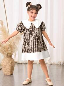 SHEIN Young Girl's Woven Plaid Patchwork Puff Sleeve Loose Casual Peter Pan Collar Dress