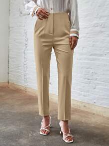 SHEIN BIZwear Women's Solid Color Pocket Simplicity Casual Long Pants - Khaki - View 5