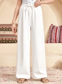 SHEIN Teen Girls' Casual Vacation White Comfortable Woven Cotton Twill Drawstring Waist Wide Leg Pants