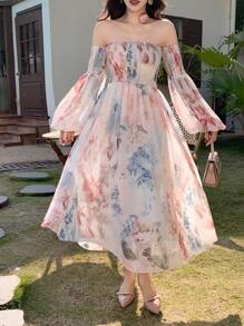 DAZY Women's All Over Floral Print Off Shoulder Midi Dress,Ruffle,Fall Dress Long Sleeve Dress Vacation Outfits Women - Beige - View 3