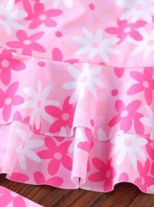 女宝宝可爱花卉印花荷叶边分体泳衣套装 - 粉色 - 查看 4