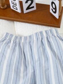 SHEIN 2pcs/Set Baby/Toddler Boys' Simple Classic Blue Stripe Cardigan & Pants Casual Home Outfit