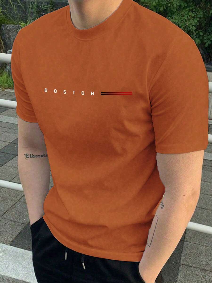 Manfinity Homme 男士字母印花休闲圆领短袖 T 恤 - 鏽棕色 - 查看 1