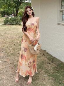 DAZY 女士全身印花吊带连衣裙，度假沙滩连衣裙，春夏邮轮旅行装，复活节女士服装 - 黃色 - 查看 7