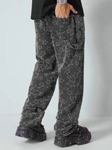 ROMWE MEN Street Life Jeans casuales con pierna recta y bolsillos con estampado de estrellas para hombres
