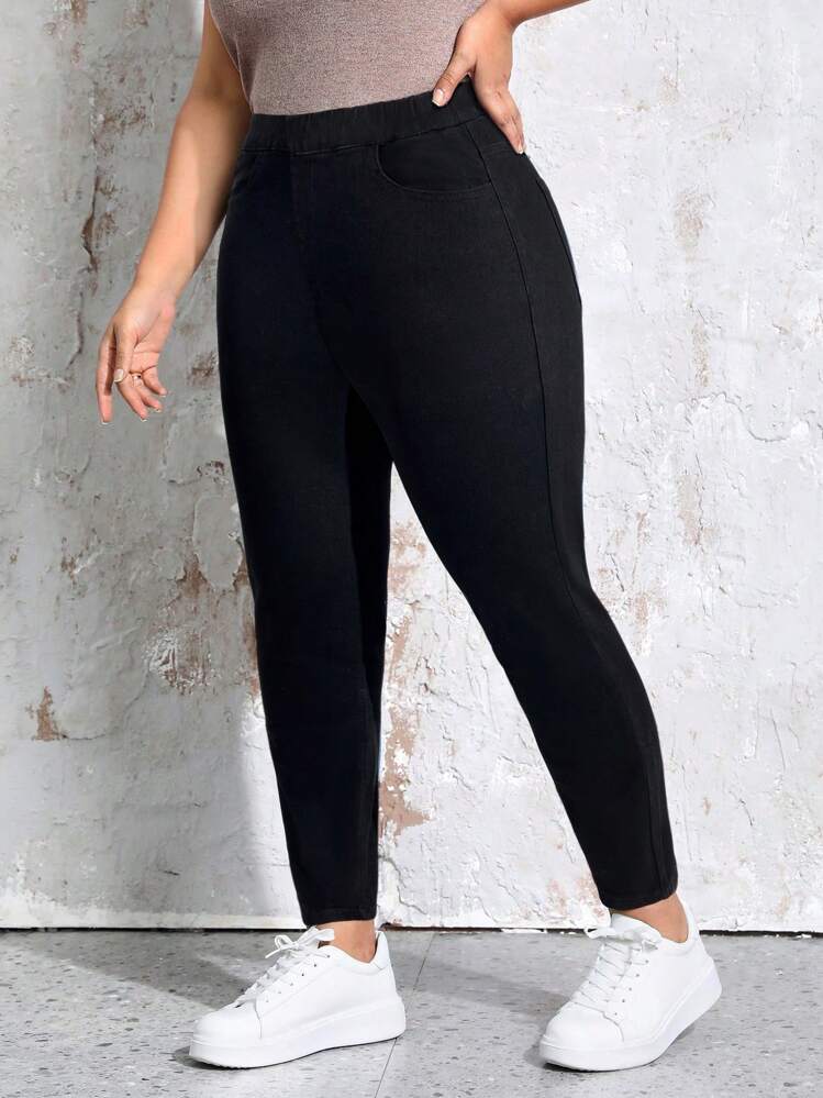 Flexra Coolmax Plus Size Casual Versatile Solid Color Skinny Jeans - Black - View 4