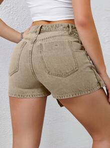 SHEIN EZwear Women's Casual Front Button Pocket Simple Denim Shorts, Daily Wear - Brown - View 2