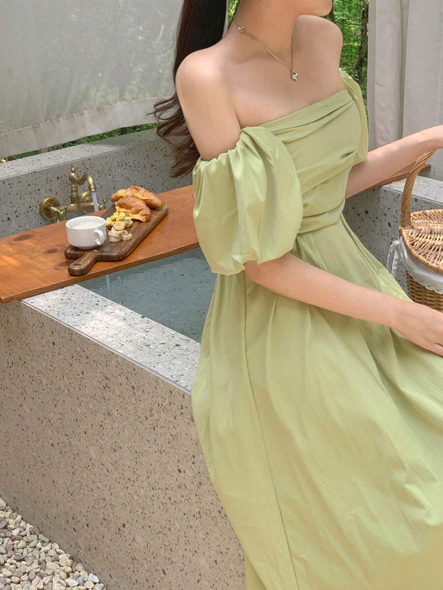 DAZY Women's Long Off Shoulder Solid Color Casual Dress, Simple & Fashionable For Everyday Wear Sundress