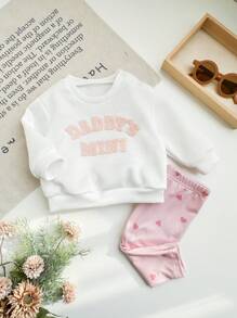 SHEIN 新生女婴字母图案针织套头衫和松紧腰裤套装，秋冬 - 彩色 - 查看 3
