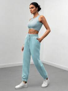 SHEIN LUNE Conjunto Feminino De Moletom Com Capuz E Zíper Frontal, Cropped, Colete E Calça - Azul bebê - Visão 4