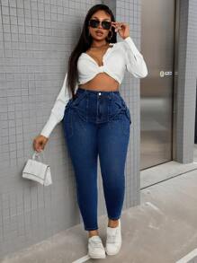 Slaydiva Plus Size Women Stretchy Blue Denim Skinny Pants With Stylish Bow Decor On Sides - Blue - View 4