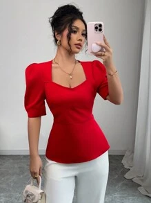 Elenzga Red Contrast Color Bowknot Strap Back Shirt - Red - View 2