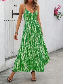 Chiquease Spaghetti Strap Full Printed Dress With Ruffle Hem Maxi Vacation Beach Outfits Women - Green - View 4