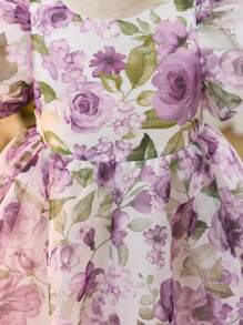 SHEIN Young Girl Chiffon Ditsy Floral V-Neck Puff Sleeve Hollow Out Bow Back Decor Party Dress