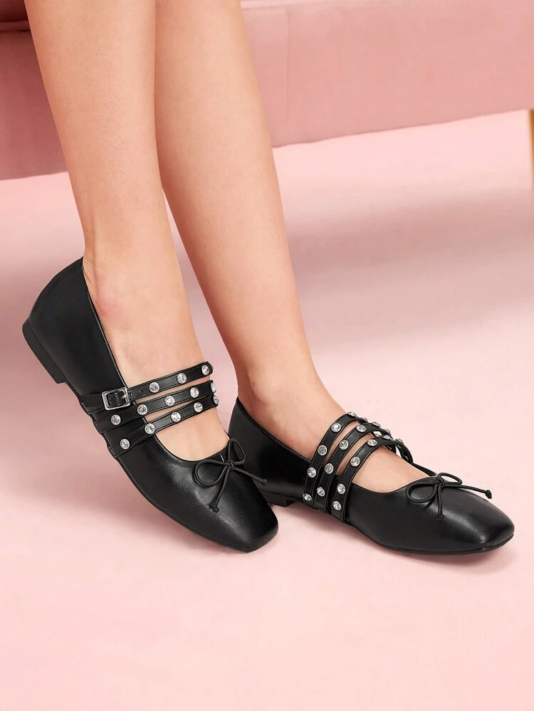 CUCCOO DOLLMOD Stylish Retro Comfortable Casual Black Oily Leather Bow Eyelet Strap Mary Jane Square Toe Flat Shoes Spring Shoes Spring Break Easter