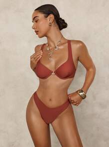 SHEIN Swim Minimalist Solid Color Gathered Bikini Set For Beach Vacation For Summer Beach Vacation - Brown - View 7