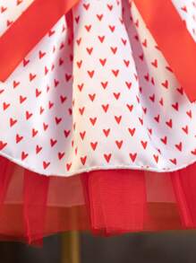 Glamorique Kids Princess Tulle Dress, Valentine's Day Satin Red Heart Print, Baby Girl Puffy Tulle Dress, Party/Festival Gown With Red Ribbon Bow, Cute Everyday Dress, All Season - White - View 6