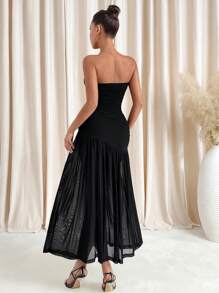 SHEIN Clasi Women's Ruched Cropped Bodice Splicing Dress, Minimalist Casual Daily Wear Spring Women Outfits Date Night Dress - Black - View 2