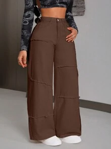 SHEIN PETITE Women's Solid Color Front Button Pocket Casual Loose Fit Jeans - Coffee Brown - View 4