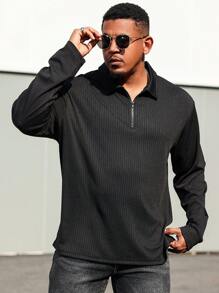 Manfinity Homme 加大码男士休闲纯色长袖Polo衫，秋季款 - 黑色 - 查看 7