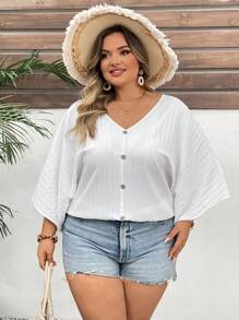 SHEIN CURVE+ 大码女式度假纹理蝙蝠袖 V 领衬衫 波西米亚风度假