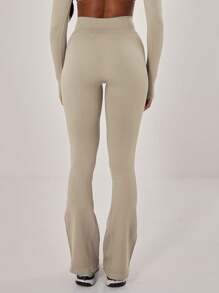 Musera Sport Ribbed Waist Flare Yoga Pant Trousers, Padel, Tennis, Pickleball Gym Fitness - Apricot - View 3