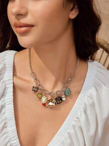 SHEIN BAE 贝壳与蝴蝶吊坠项链，度假风格休闲 - 彩色 - 查看 5