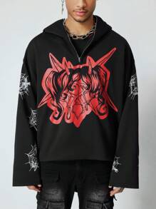 ROMWE MEN Street Life 男士前拉链长袖印花简约休闲连帽衫 - 黑色 - 查看 6
